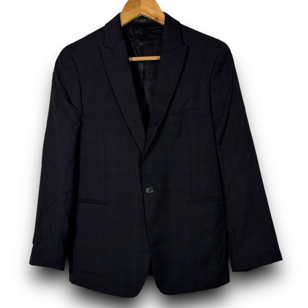 John Varvatos USA Charcoal Black Plaid Wool Blazer Single Button 16R - 34" Chest